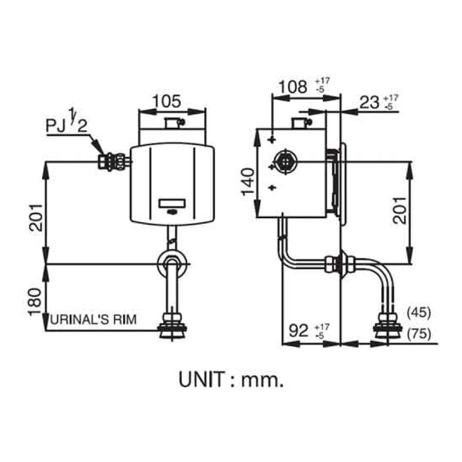 Bản vẽ kỹ thuật van xả tiểu nam cảm ứng âm tường COTTO CT480AC dùng điện