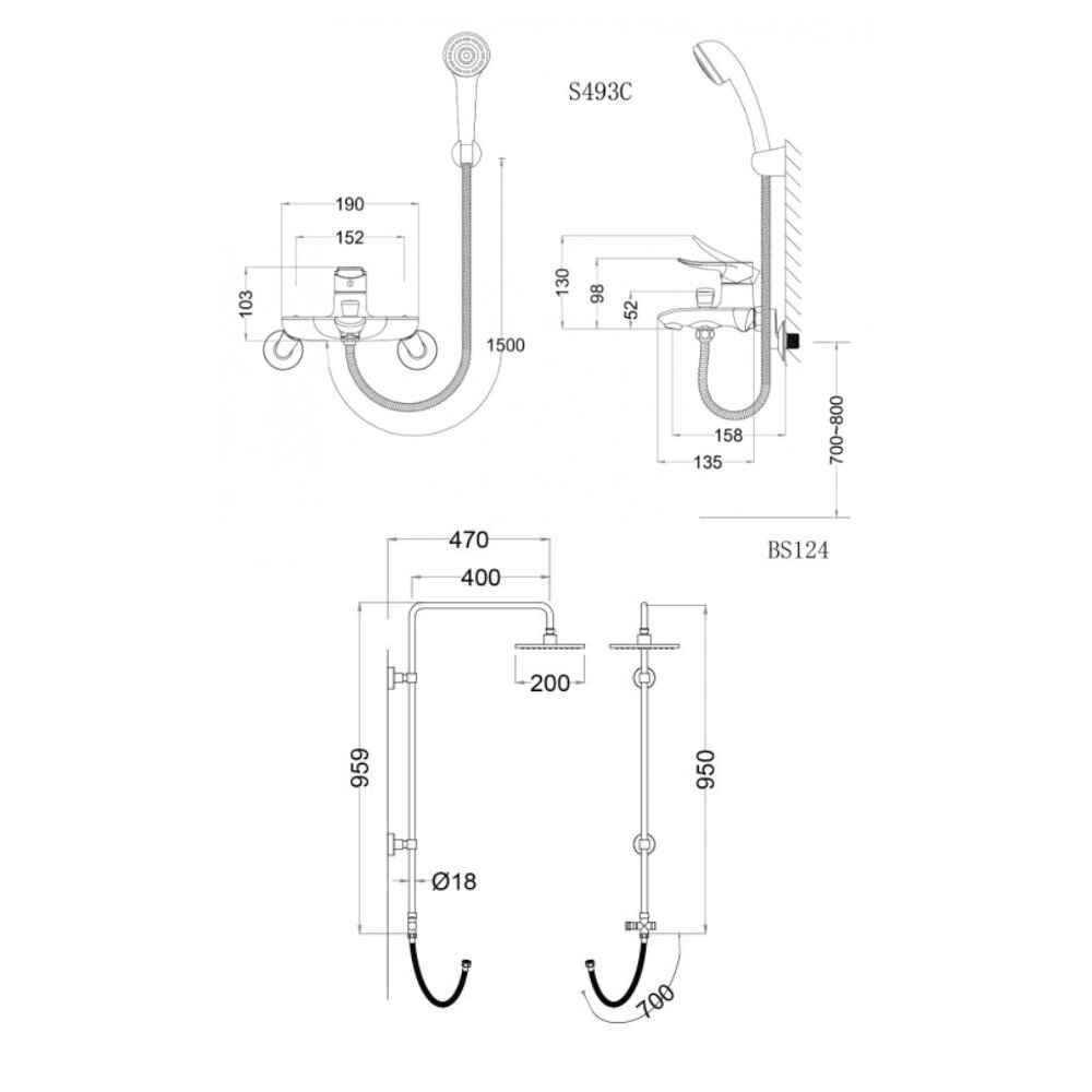 Bản vẽ kỹ thuật của bộ sen cây tắm đứng nóng lạnh Caesar BS124+S493C