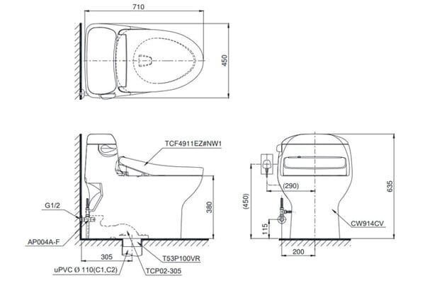 Bản vẽ kỹ thuật của ồn cầu điện tử 1 khối Toto MS914CRW12 Bồn cầu Toto MS914CRW12