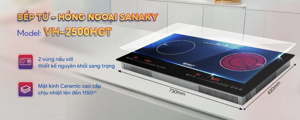 Sanaky VH-2500HGT thiết kế hiện đại và chất liệu mặt kính Ceramic chịu lực, chịu nhiệt