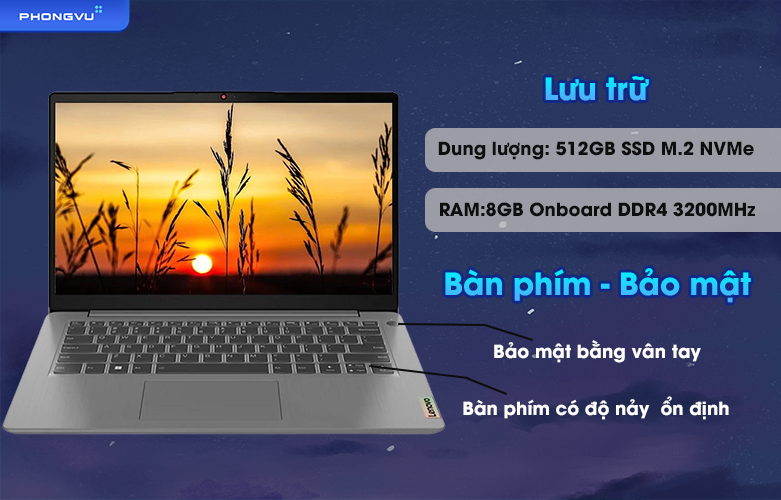 Lenovo IdeaPad 3 sở hữu không gian lưu trữ thoải mái - Bàn phím và chế độ bảo mật hiện đại