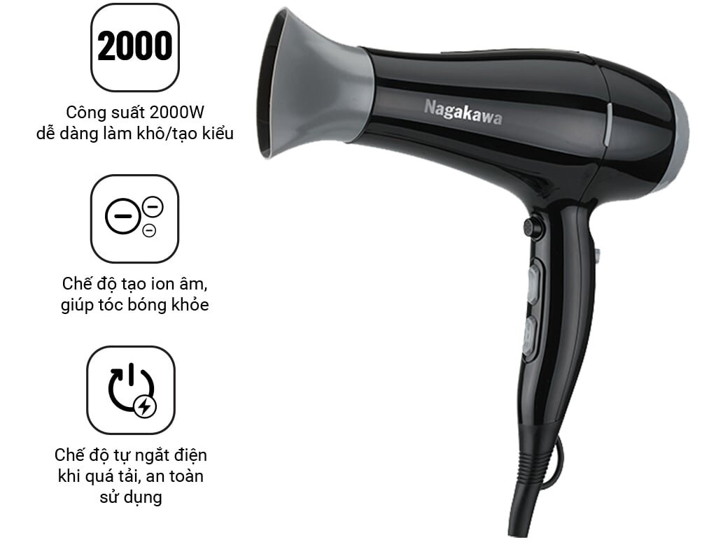 Máy sấy tóc Nagakawa NAG1606 sở hữu nhiều tính năng, tiện ích thông minh
