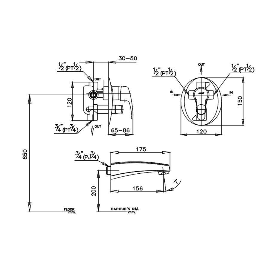 Bản vẽ kỹ thuật van điều chỉnh âm tường nóng lạnh kèm van dừng 2 đường nước Arona COTTO CT581A