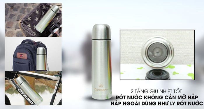 Bình giữ nhiệt inox Carlmann BES523 có nắp vặn an toàn, hạn chế rò rỉ nước