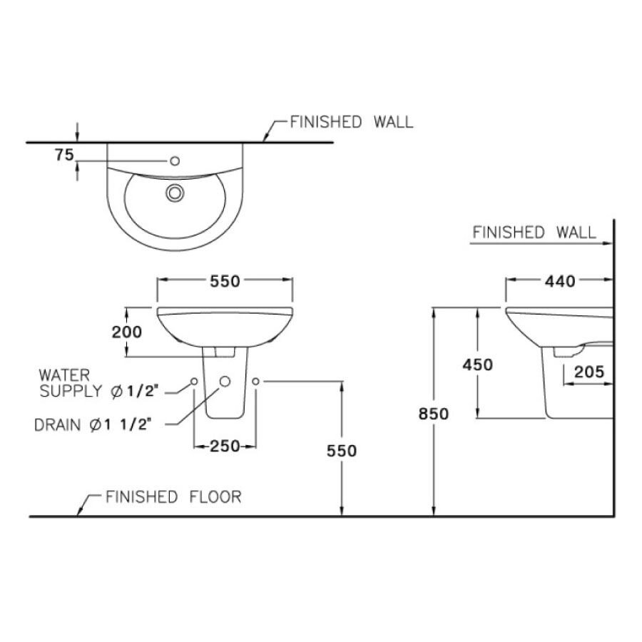 Bản vẽ kỹ thuật chậu rửa lavabo COTTO C014/C420 treo tường chân lửng Wendy