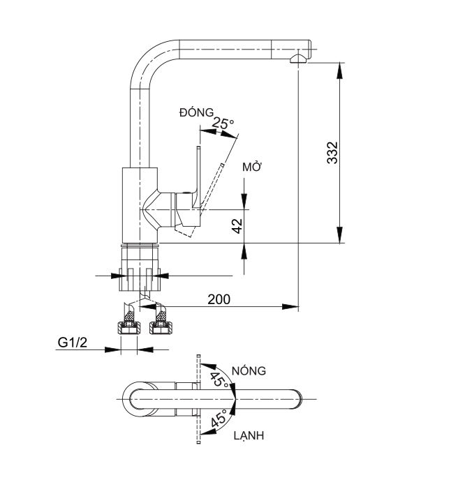 Bản vẽ kỹ thuật vòi rửa chén nóng lạnh Luxta L3206NX