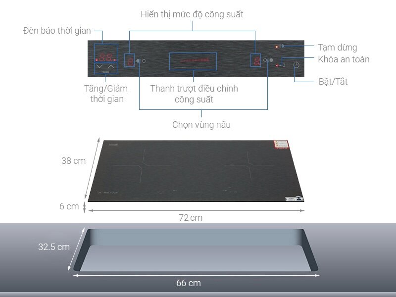 Bếp từ âm 2 vùng nấu Malloca MH-02IS được trang bị đầy đủ các tính năng an toàn tiên tiế