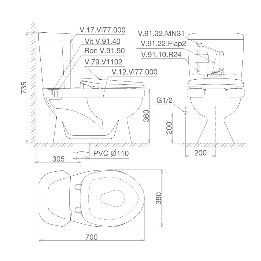 Bản vẽ kỹ thuật bồn cầu 2 khối Viglacera VI77 nắp thường (+ lavabo VTL2)