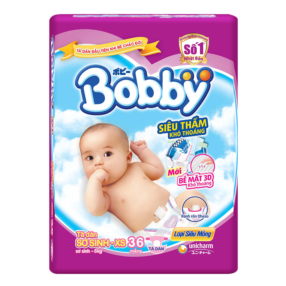  Bỉm - Tã dán Bobby size Newborn XS 36 miếng (cho bé ~ 5kg)