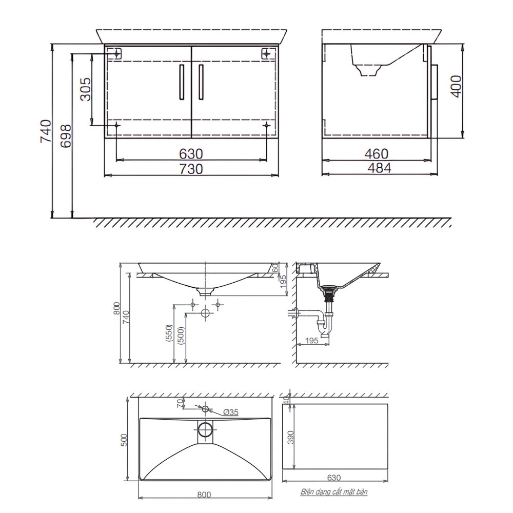 Bản vẽ kỹ thuật của tủ chậu cabinet Viglacera Platinum P.69.680