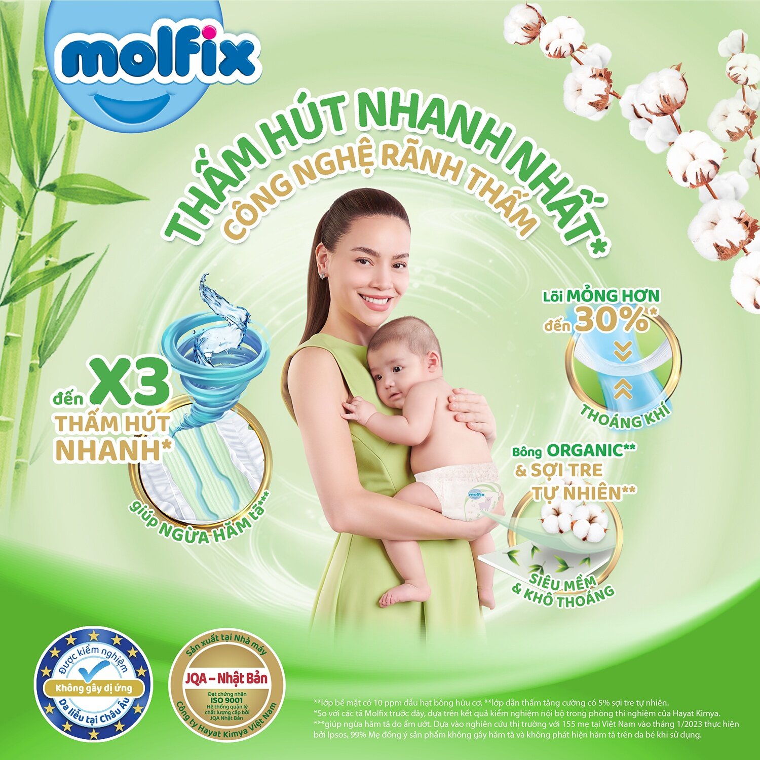 Bề mặt tã dán Molfix size L Super Jumbo mềm mịn cho bé yêu khô thoáng xuất cả ngày