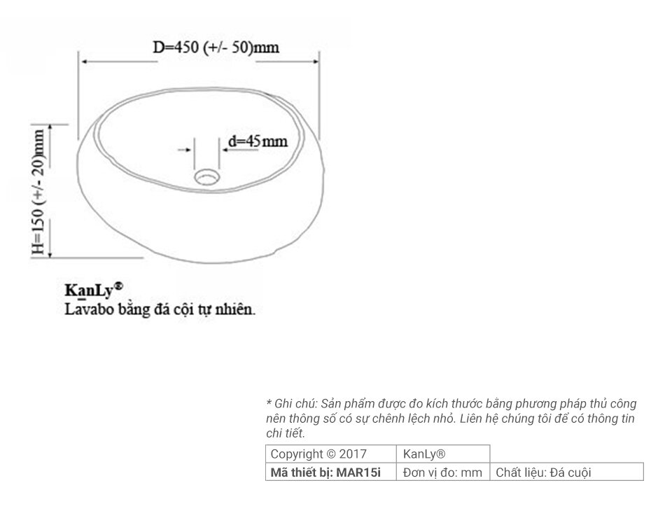 Bản vẽ kỹ thuật chậu rửa lavabo bằng đá cuội Kanly MAR15C