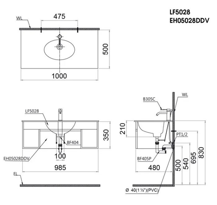 Bản vẽ kỹ thuật Bộ tủ chậu rửa mặt CAESAR LF5028+EH05028DDV