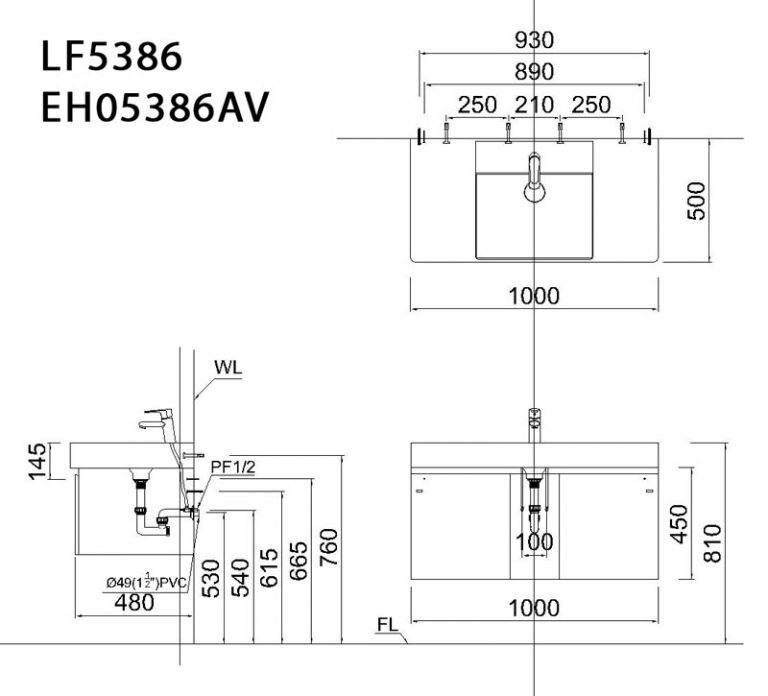 Bản vẽ kỹ thuật tủ Chậu CAESAR EH05386AV