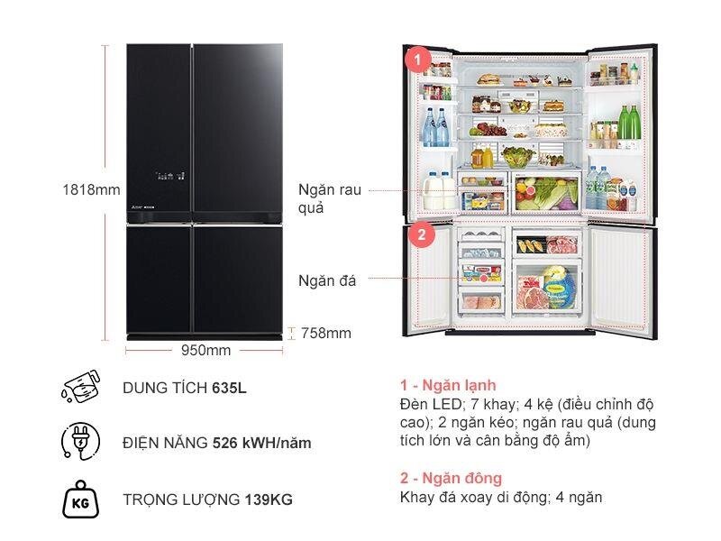 Tủ lạnh 4 cánh Mitsubishi MR-L78EN-GBK Inverter - 635L
