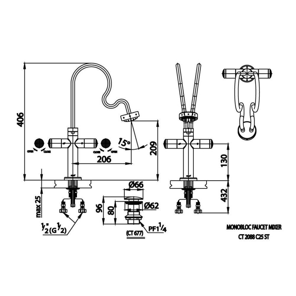 Bản vẽ kỹ thuật vòi chậu lavabo COTTO CT2088C25ST / CT2088C25ST#CUO nóng lạnh thân cao Himmapan