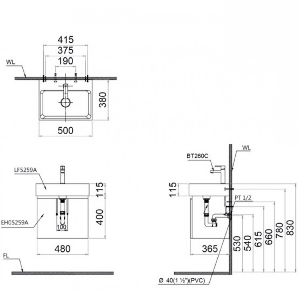 Bản vẽ kỹ thuật tủ chậu cabinet Caesar LF5259+EH05259AWV