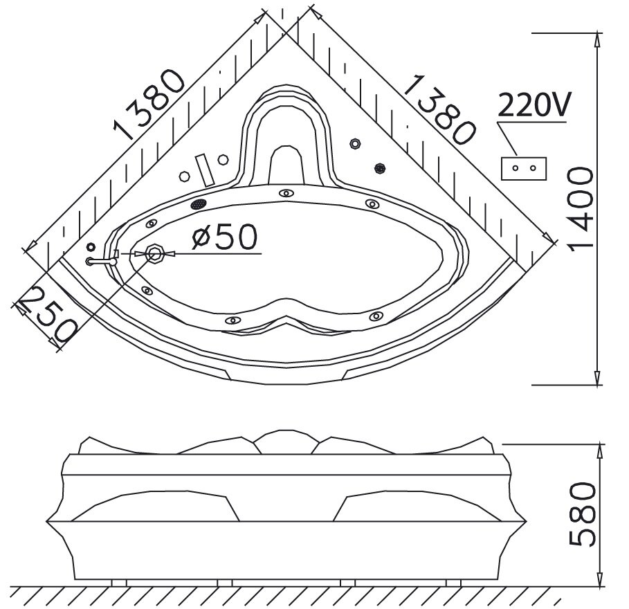 Bản Vẽ Kỹ Thuật Bồn Tắm Massage Góc Caesar MT5132