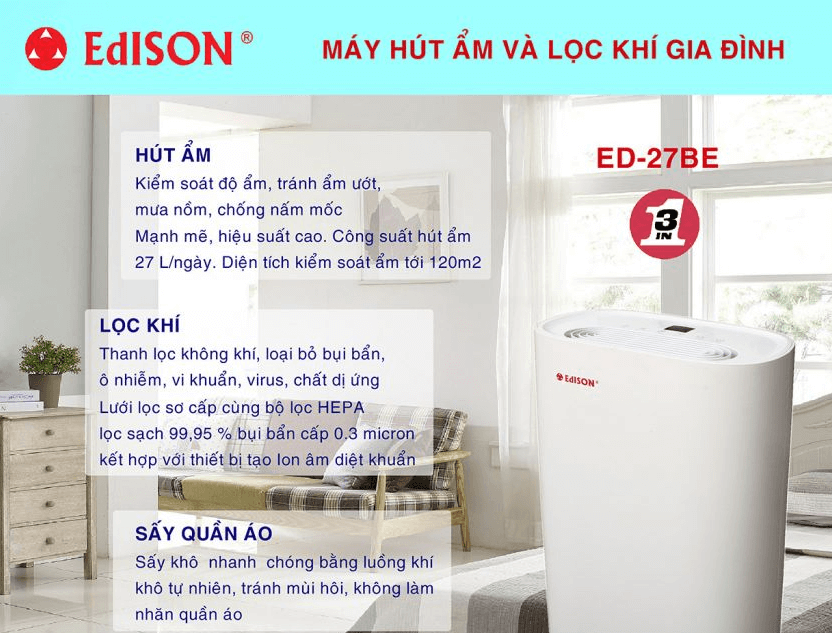 Máy Edison ED 27BE có cả tính năng lọc không khí Máy Edison ED 27BE có cả tính năng lọc không khí