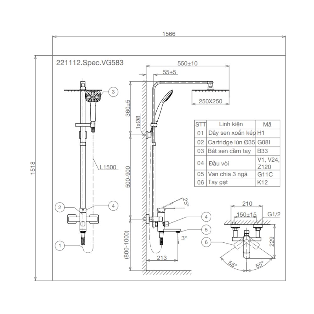 Bản vẽ kỹ thuật sen cây nóng lạnh Viglacera VG583