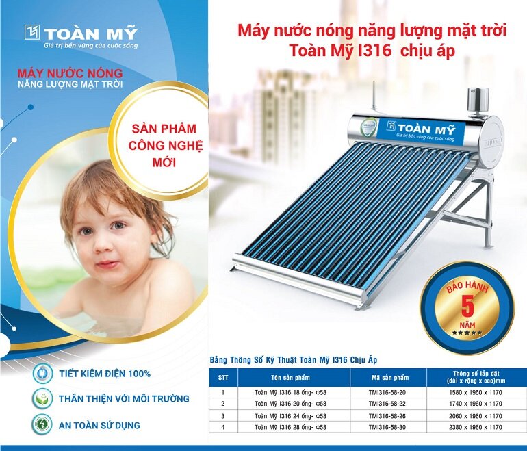  Máy nước nóng NLMT Toàn Mỹ I316 chịu áp 200L