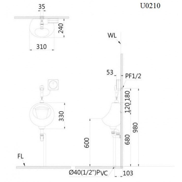 Bản vẽ kỹ thuật bồn tiểu treo tường caesar U 0210