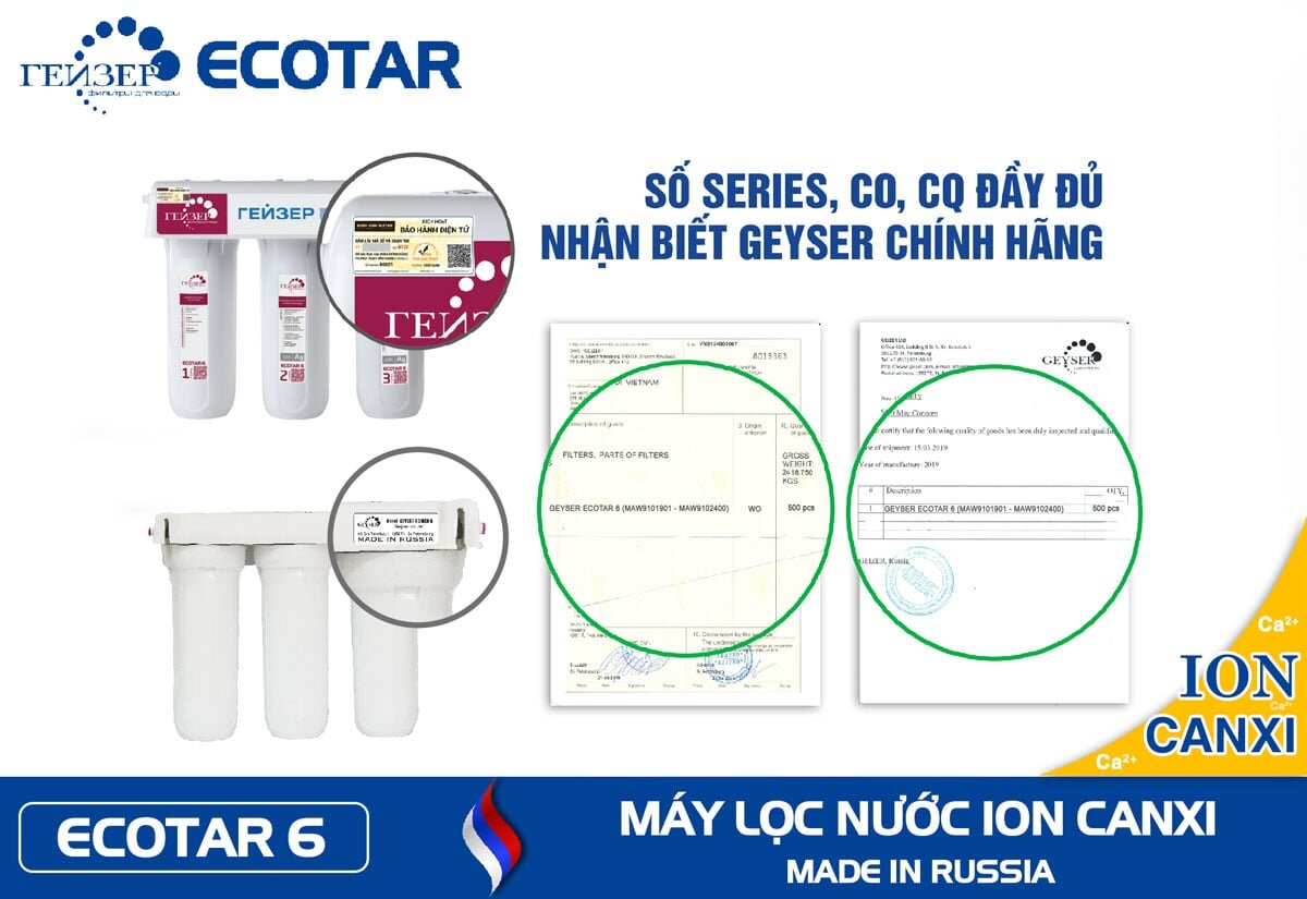 máy lọc nước Geyser ECOTAR 6 có giấy chứng nhận CO, CQ từ Liên Bang Nga