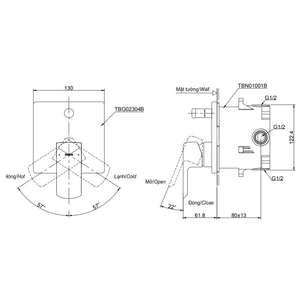 Bản vẽ kỹ thuật van gật gù điều chỉnh nóng lạnh kèm nút chuyển hướng TOTO TBG02304BA
