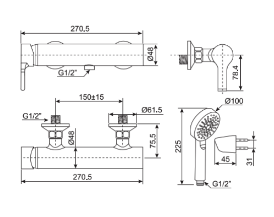 Bản vẽ kỹ thuật vòi sen nóng lạnh American Standard WF-3912