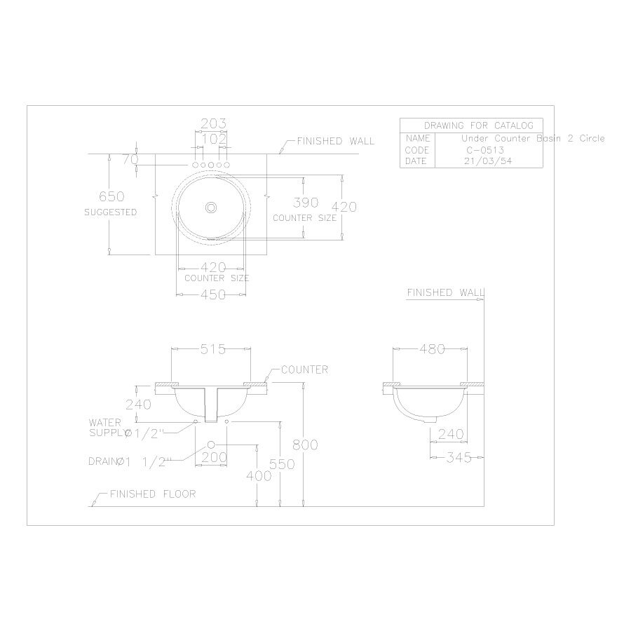 Bản vẽ kỹ thuật chậu rửa lavabo COTTO âm bàn C0513