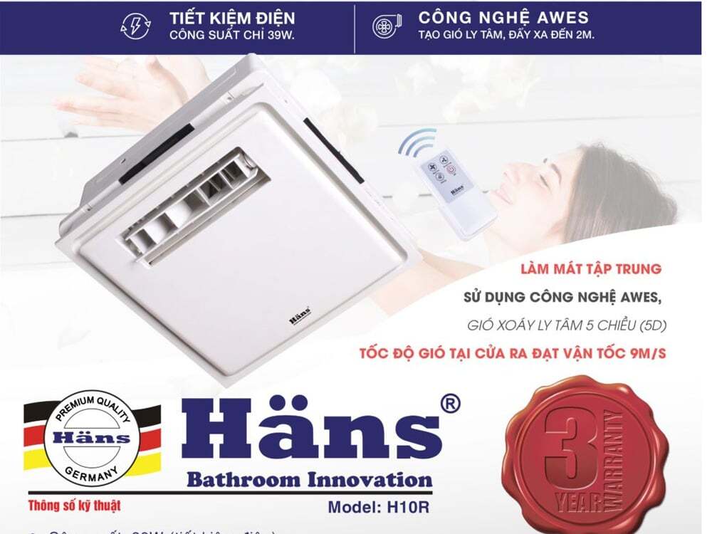 Quạt âm trần sử dụng công nghệ Awes hiện đại, tiết kiệm điện năng Quạt mát âm trần điều khiển từ xa – H10R