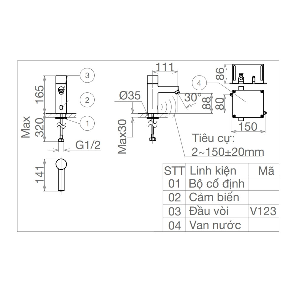 Bản vẽ kỹ thuật vòi chậu lavabo lạnh Viglacera VG1023