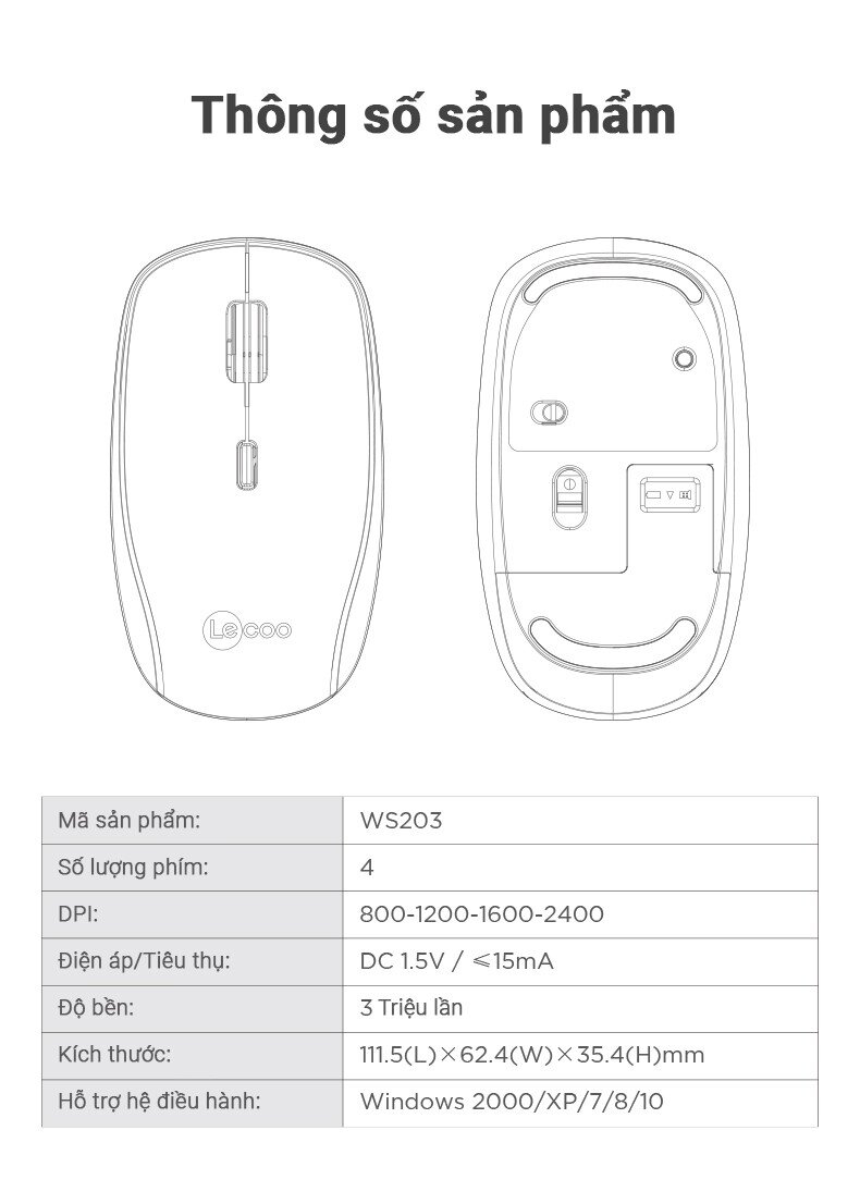 Chuột không dây Lecoo WS203 Wireless Đen