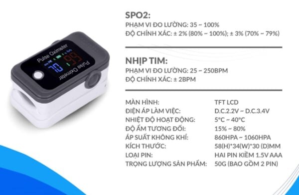 Thông số kỹ thuật Máy đo nồng độ oxy Berry BM1000C Máy đo nồng độ oxy trong máu và nhịp tim Berry BM1000C