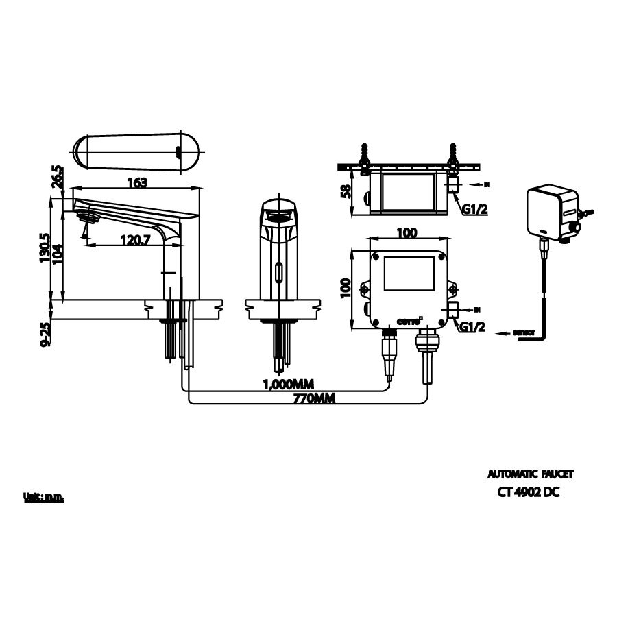 Bản vẽ kỹ thuật vòi lavabo cảm ứng COTTO dùng pin CT4902DC