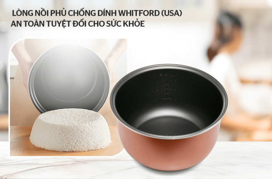 Mặt trong lòng nồi cơm điện Sunhouse SHD8607W được phủ chống dính Whitford (USA) siêu bền Mặt trong lòng nồi cơm điện Sunhouse SHD8607W được phủ chống dính Whitford (USA) siêu bền
