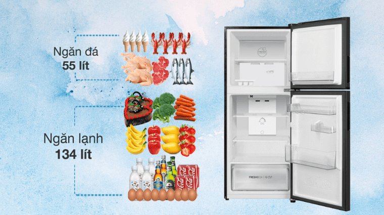 AQUA AQR-T220NE(HB) thuộc dòng tủ lạnh 2 cánh với ngăn đá ở trên, ngăn mát ở dưới
