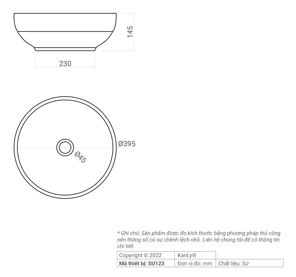 Bản vẽ kỹ thuật chậu rửa lavabo bằng sứ Kanly SU123
