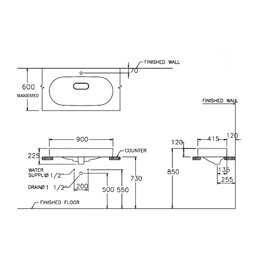 Bản vẽ kỹ thuật chậu rửa mặt lavabo đặt bàn COTTO C002517