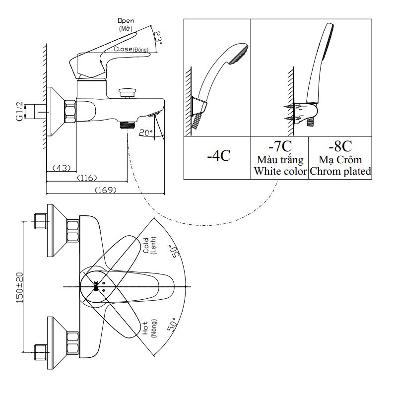 Bản vẽ kỹ thuật vòi hoa sen tắm nóng lạnh INAX BFV-1113S-1C