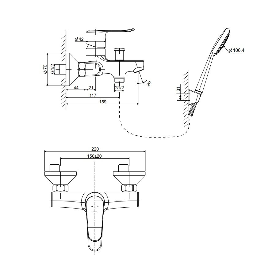 Bản vẽ kỹ thuật bộ vòi sen tắm INAX nóng lạnh BFV-2013S