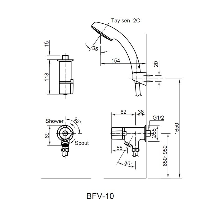 Bản vẽ kỹ thuật của bộ vòi sen tắm INAX BFV-10-2C