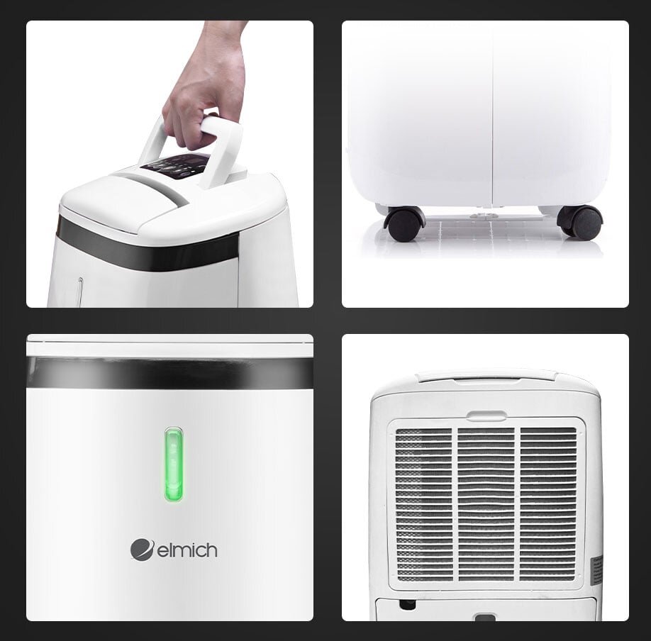 máy hút ẩm không khí Elmich DE-3923 có thiết kế gọn nhỏ, có quai xách và bánh xe giúp di chuyển dễ dàng