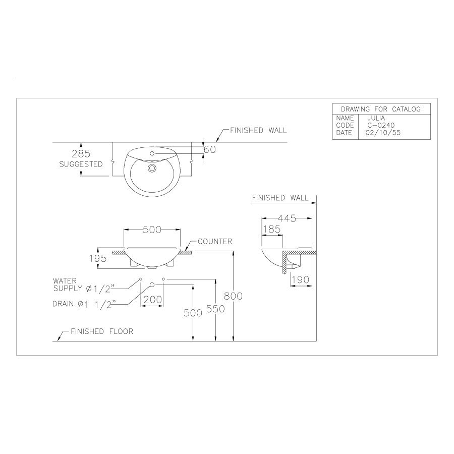 Bản vẽ kỹ thuật chậu rửa lavabo COTTO bán âm bàn C0240