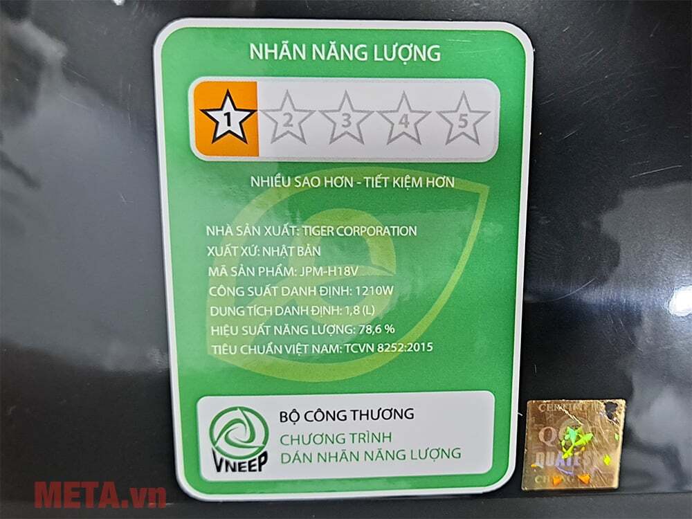 Nhãn năng lượng Nồi cơm điện tử cao tần áp suất 5 trong 1 Tiger JPM-H18V
