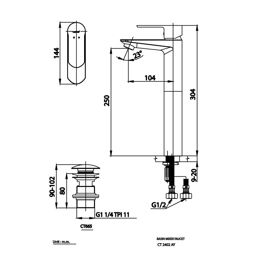 Bản vẽ kỹ thuật vòi lavabo nóng lạnh COTTO CT2402AY