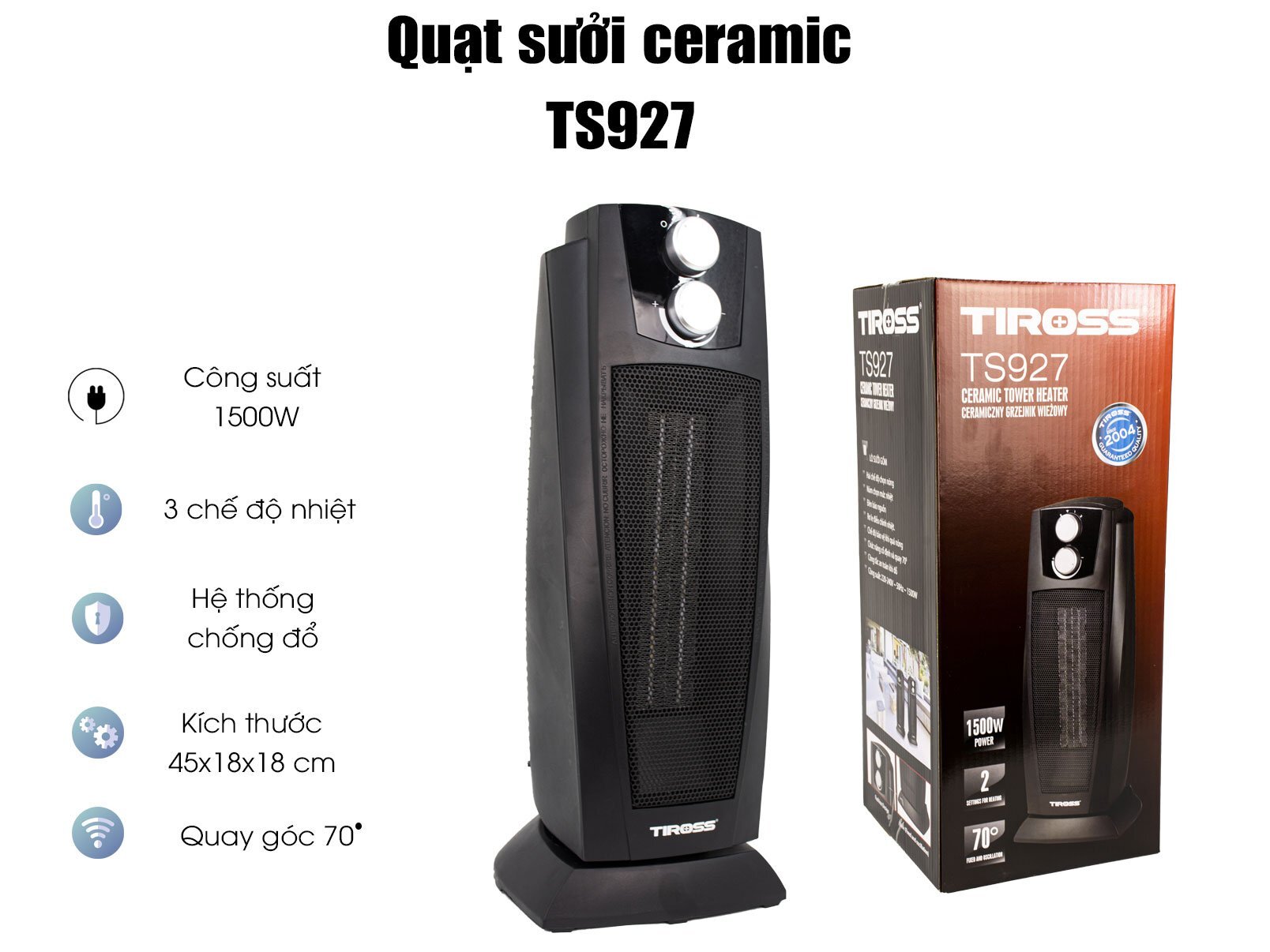 Quạt sưởi Ceramic 2 chiều Tiross TS927 Quạt sưởi Ceramic 2 chiều Tiross TS927