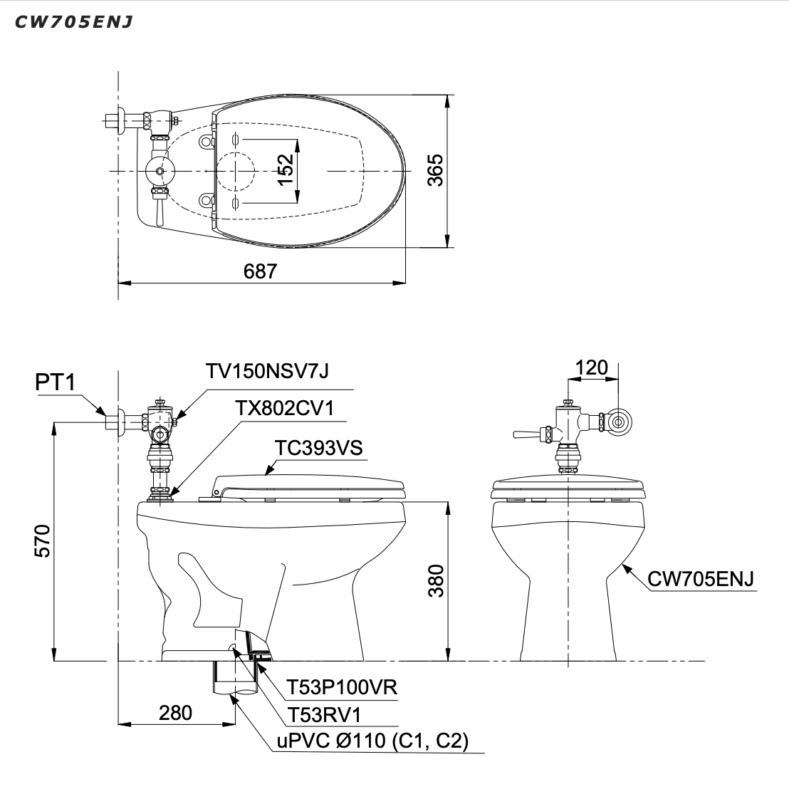 Bản vẽ kỹ thuật Bồn cầu đặt sàn TOTO CW705ENJ gồm phụ kiện