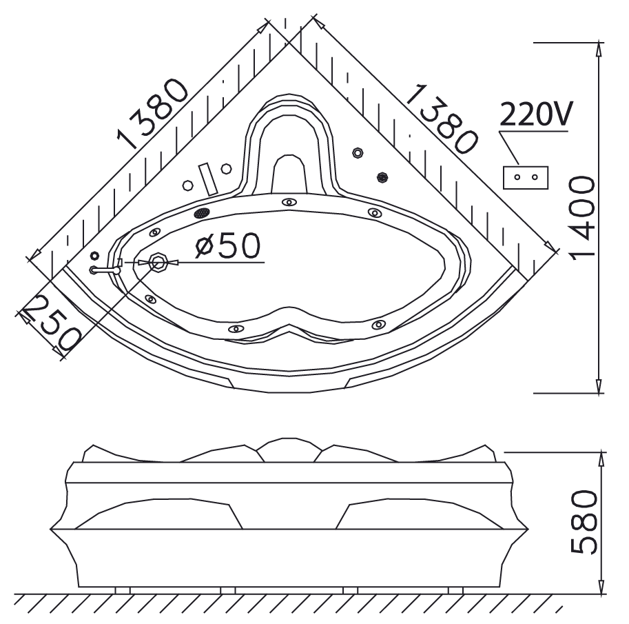 Bản Vẽ Kỹ Thuật Bồn Tắm Massage Góc Caesar MT5132A
