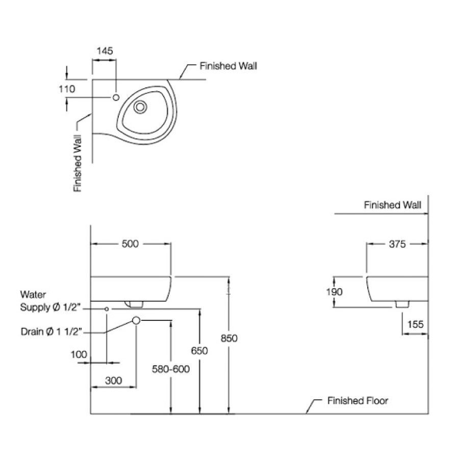 Bản vẽ kỹ thuật chậu rửa lavabo COTTO C02807 treo tường Her